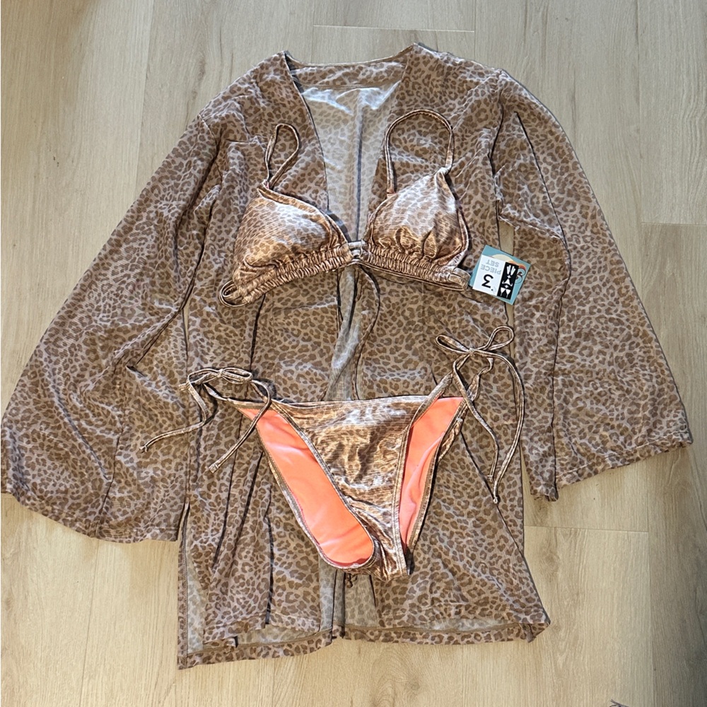 NWT Leopard Print Bikini Set with Cover-Up M